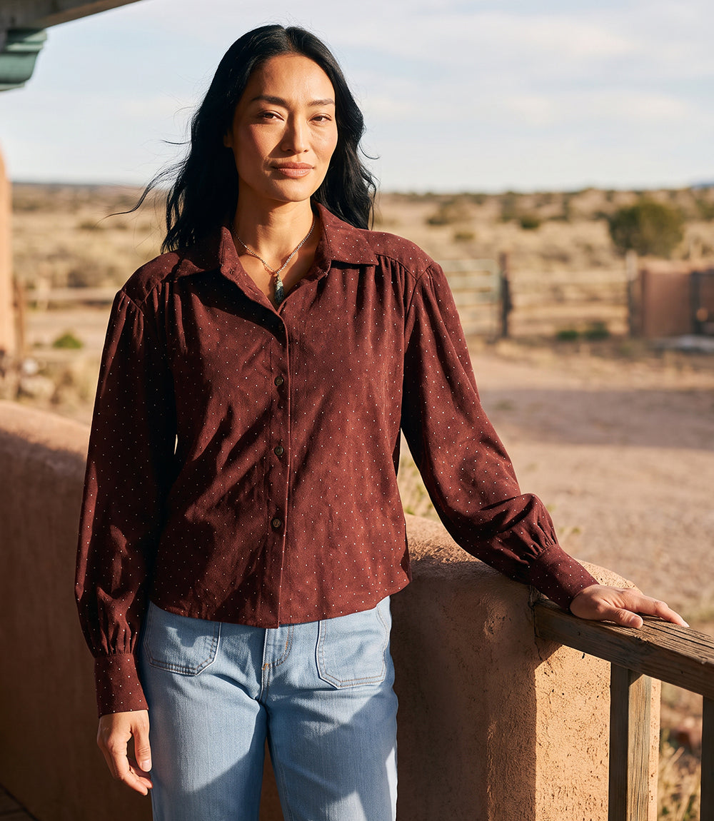 Faux Suede Embellished Dropped Shoulder Blouse