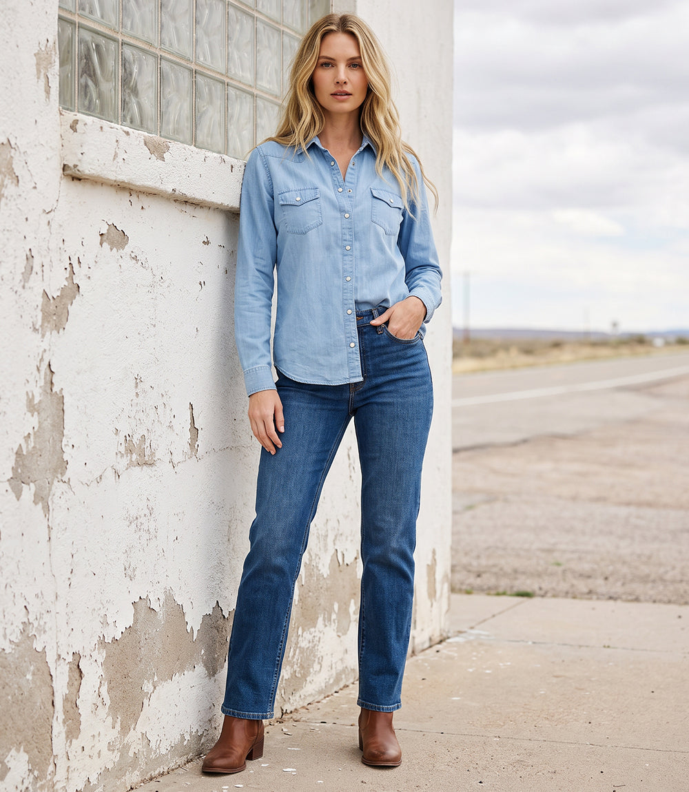 Petite Size Long Sleeve Western Denim Shirt