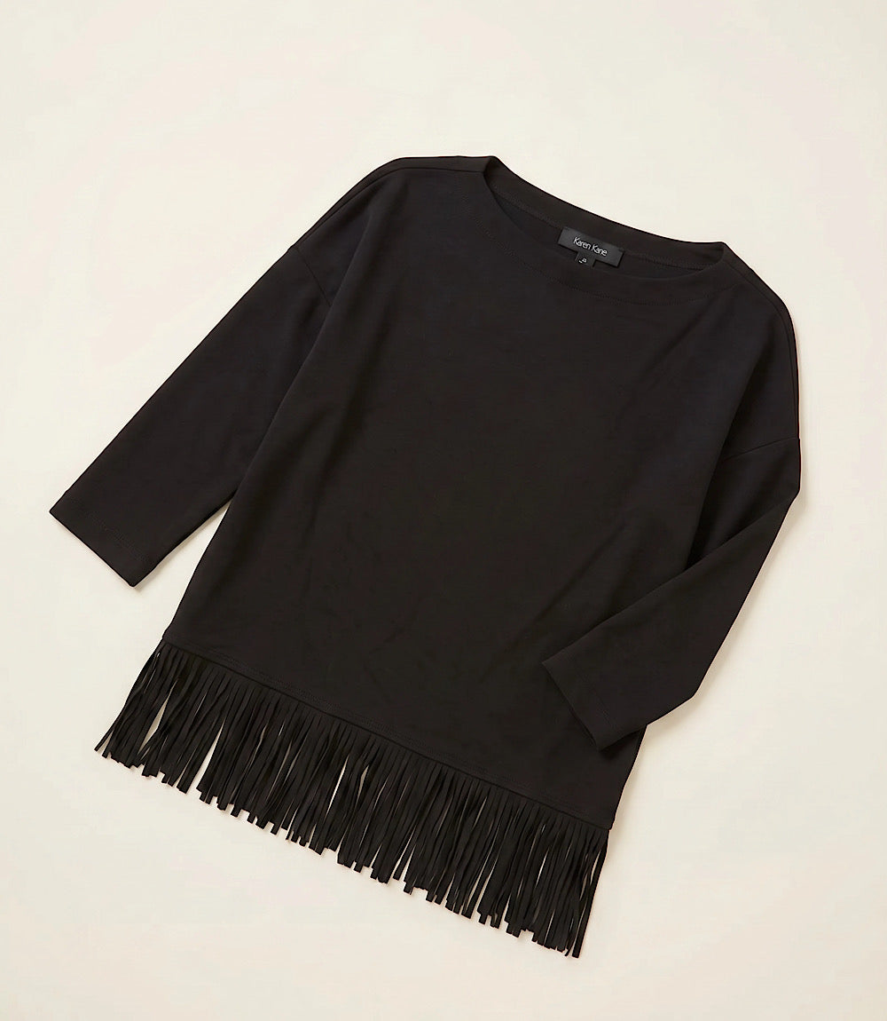 Petite Size 3/4 Sleeve Fringe Boatneck Top