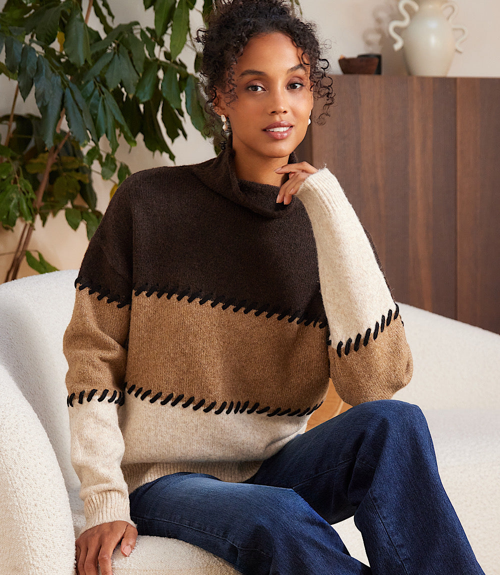 Contrast Stitch Mock Neck Colorblock Sweater