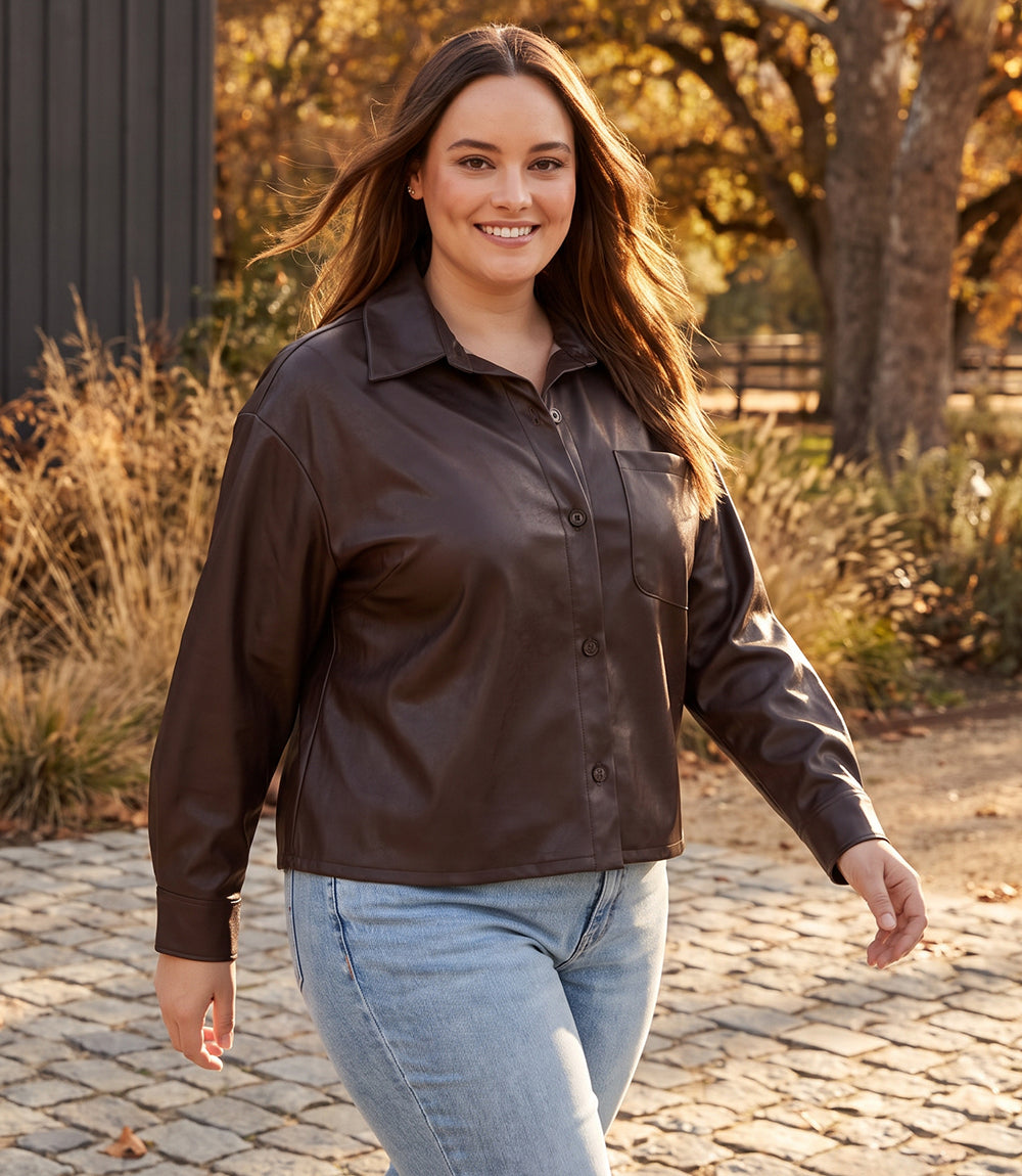 Plus Size Faux Leather Long Sleeve Button-Up Shirt