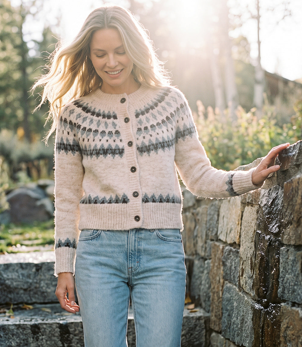 Petite Size Jacquard Crewneck Cardigan Sweater