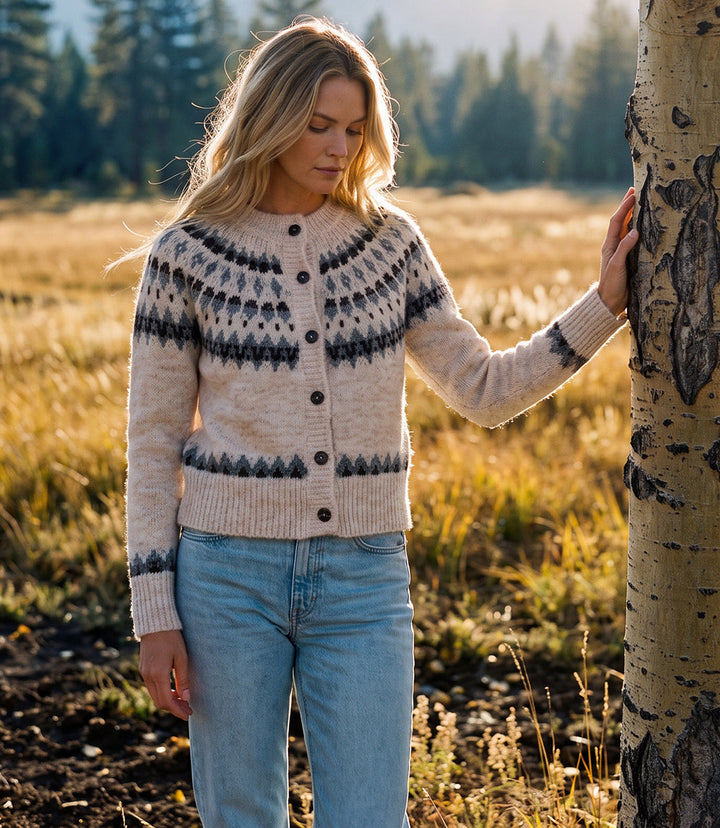Petite Size Jacquard Crewneck Cardigan Sweater