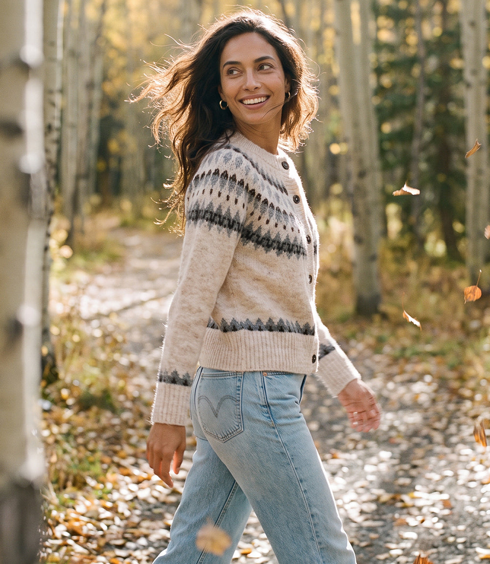 Petite Size Jacquard Crewneck Cardigan Sweater