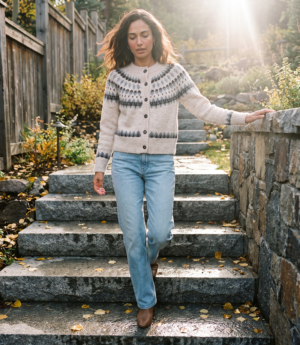 Petite Size Jacquard Crewneck Cardigan Sweater