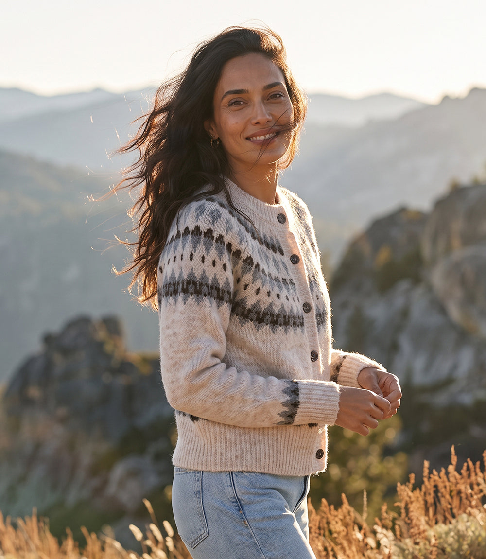 Petite Size Jacquard Crewneck Cardigan Sweater