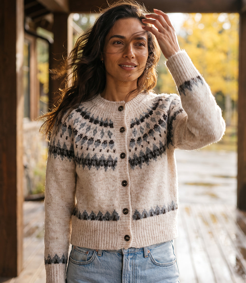 Petite Size Jacquard Crewneck Cardigan Sweater