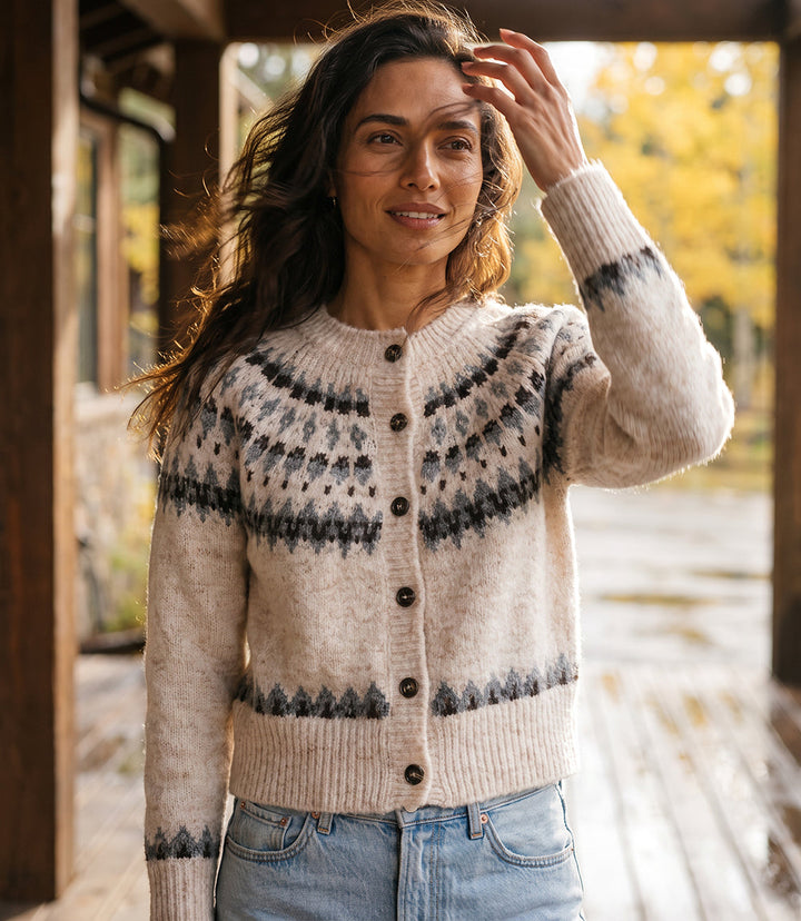 Petite Size Jacquard Crewneck Cardigan Sweater