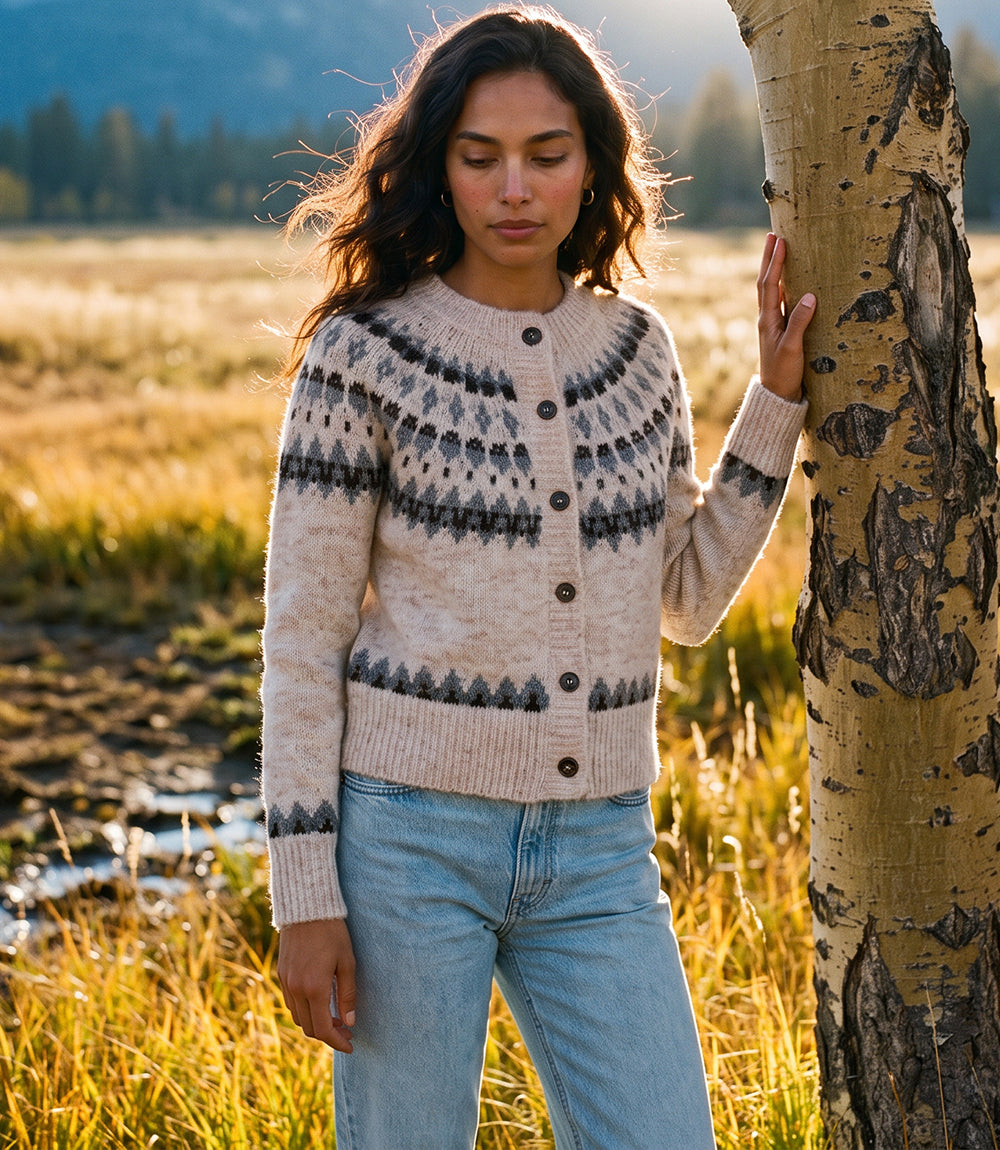 Petite Size Jacquard Crewneck Cardigan Sweater