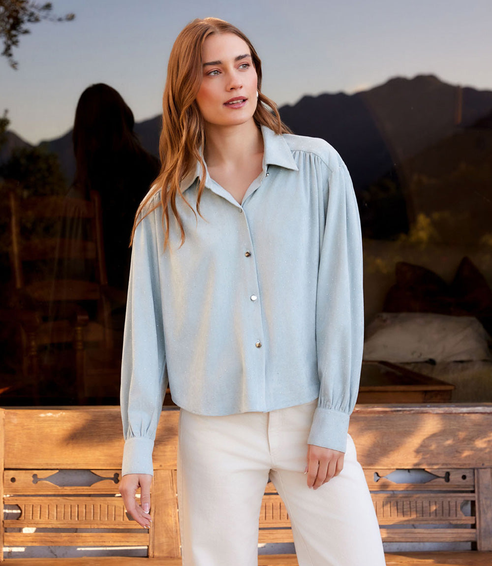 Faux Suede Embellished Dropped Shoulder Blouse