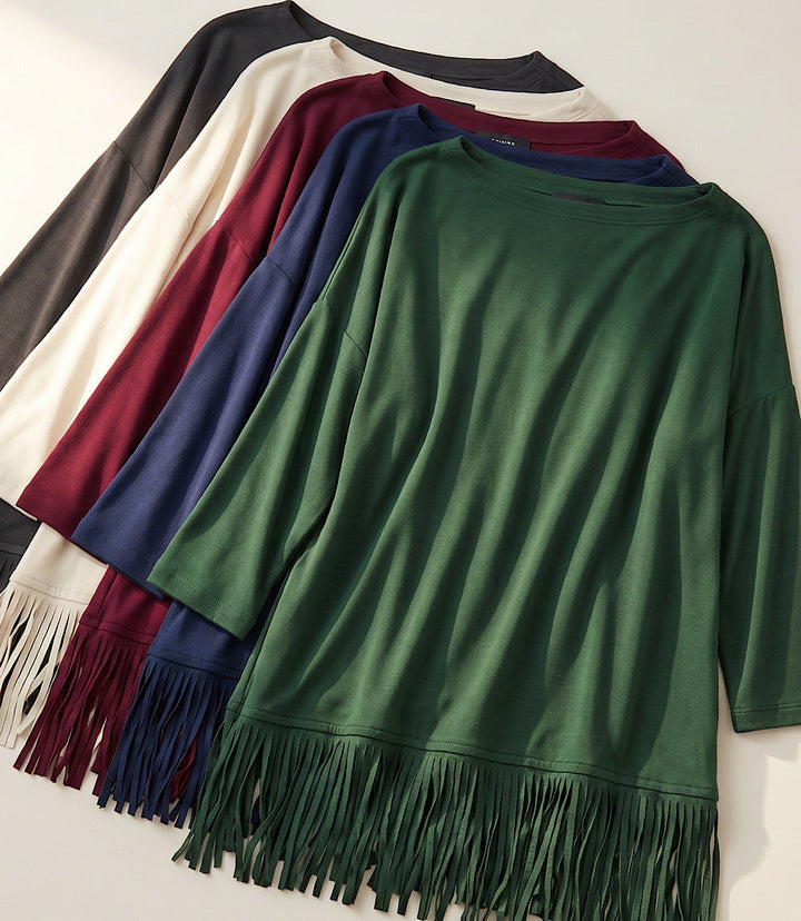 Petite Size 3/4 Sleeve Fringe Boatneck Top