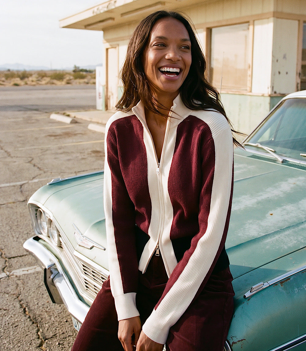 Colorblock Zip-Up Cardigan Sweater