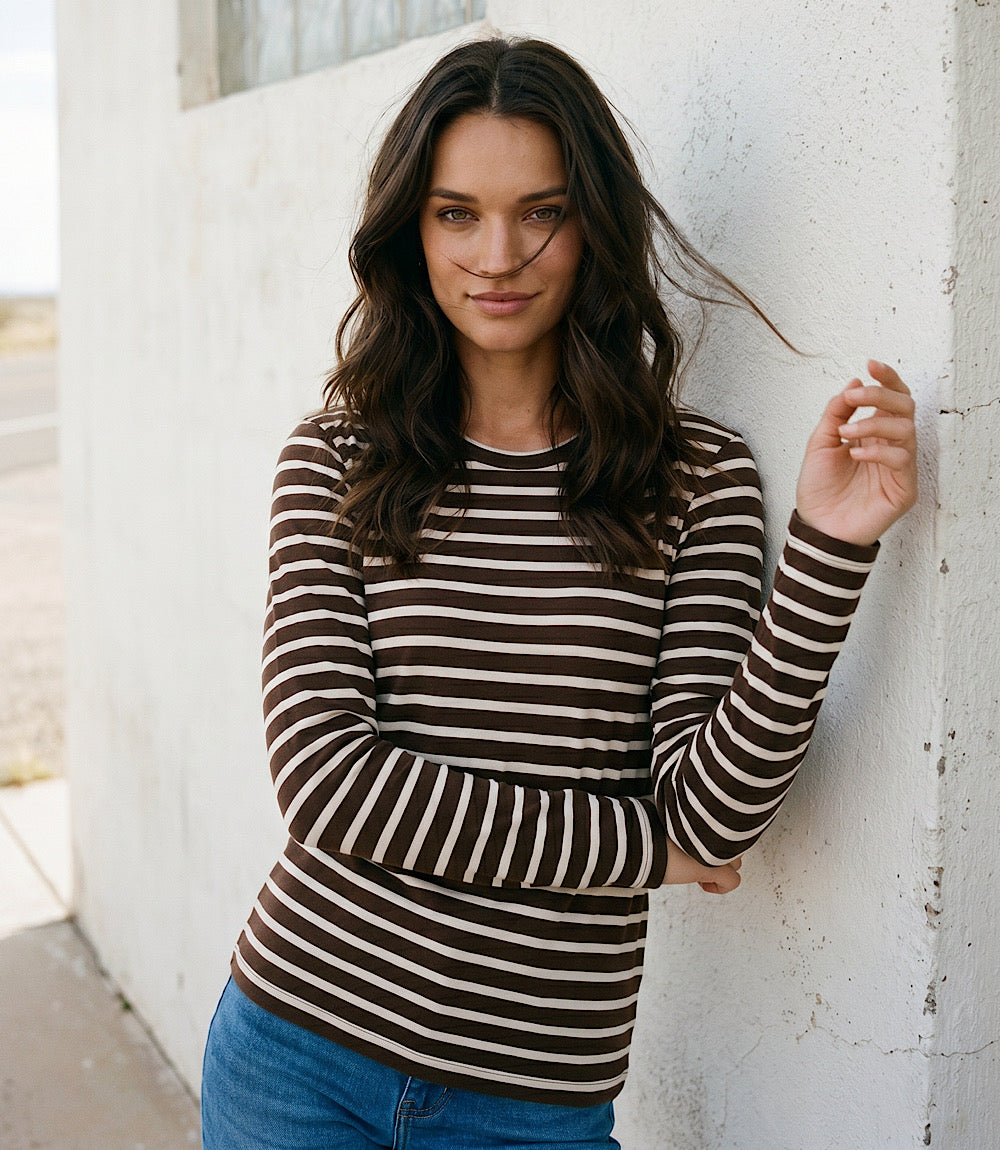 Petite Size Stripe Long Sleeve Crewneck Top