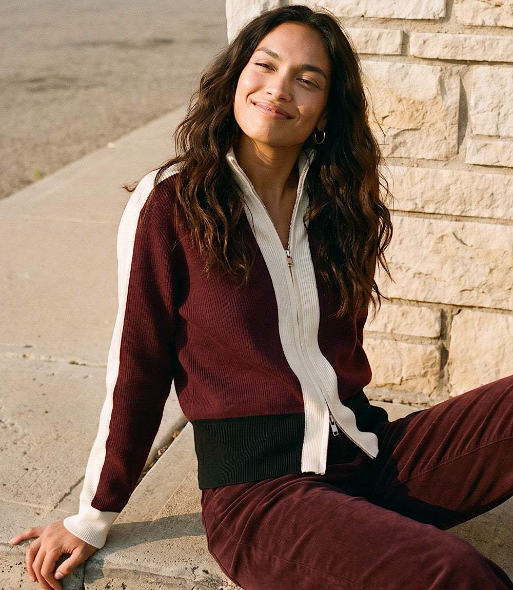 Colorblock Zip-Up Cardigan Sweater