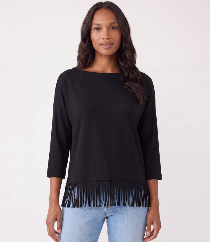Petite Size 3/4 Sleeve Fringe Boatneck Top