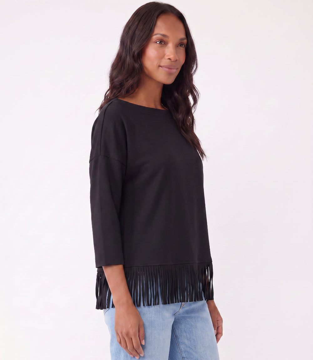 Petite Size 3/4 Sleeve Fringe Boatneck Top