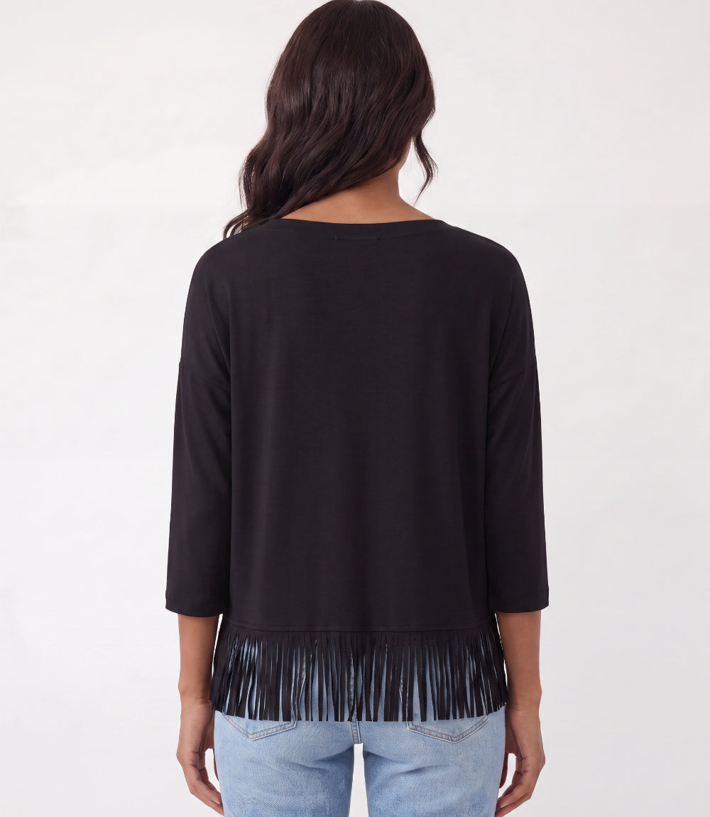 Petite Size 3/4 Sleeve Fringe Boatneck Top