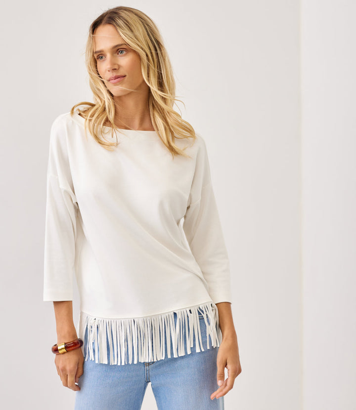 Petite Size 3/4 Sleeve Fringe Boatneck Top