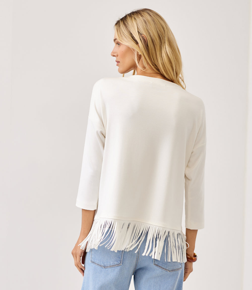 Petite Size 3/4 Sleeve Fringe Boatneck Top