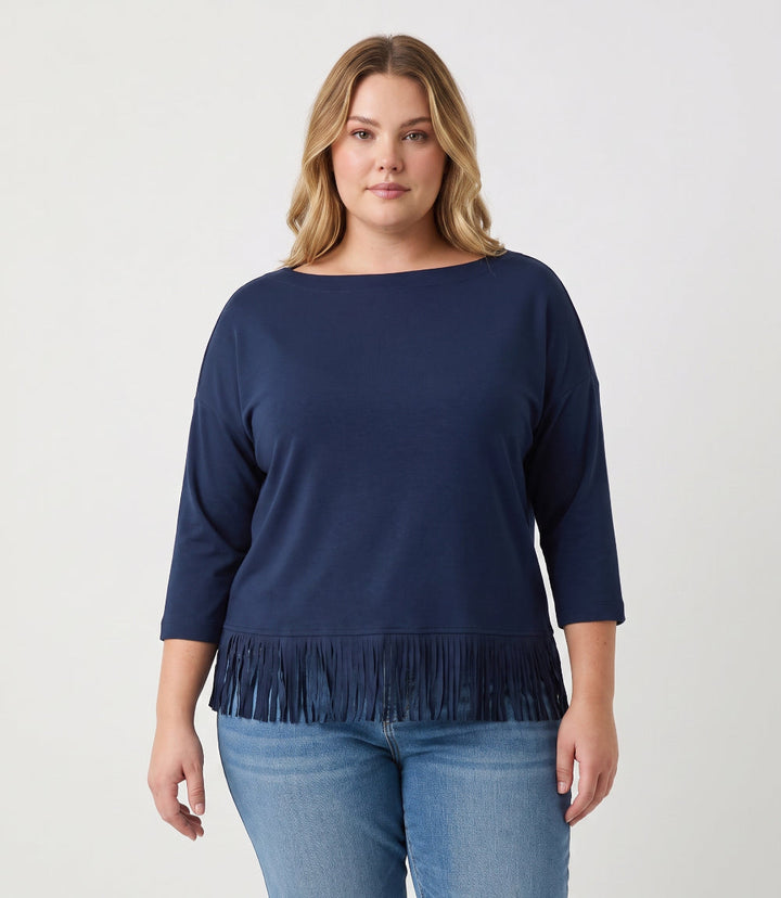 Plus Size 3/4 Sleeve Fringe Boatneck Top