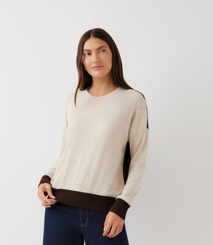 Ribbed Long Sleeve Colorblock Crewneck Top