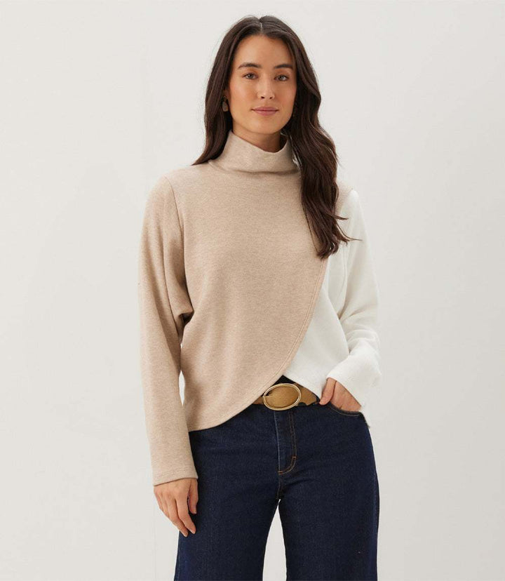 Petite Size Long Sleeve Crossover Colorblock Top