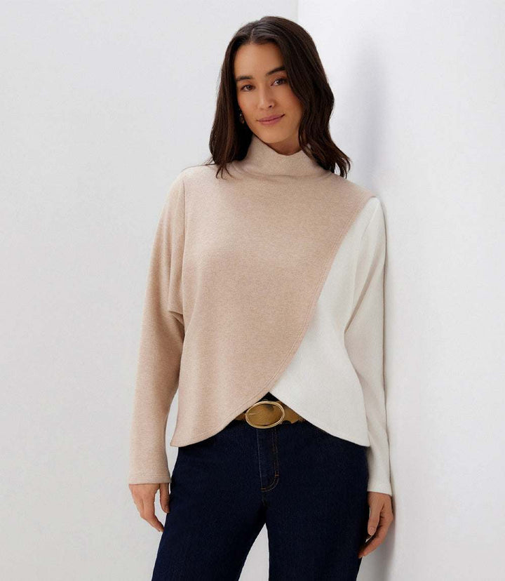 Petite Size Long Sleeve Crossover Colorblock Top