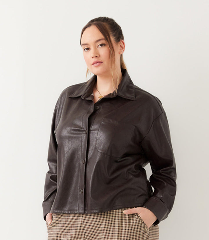 Plus Size Faux Leather Long Sleeve Button-Up Shirt