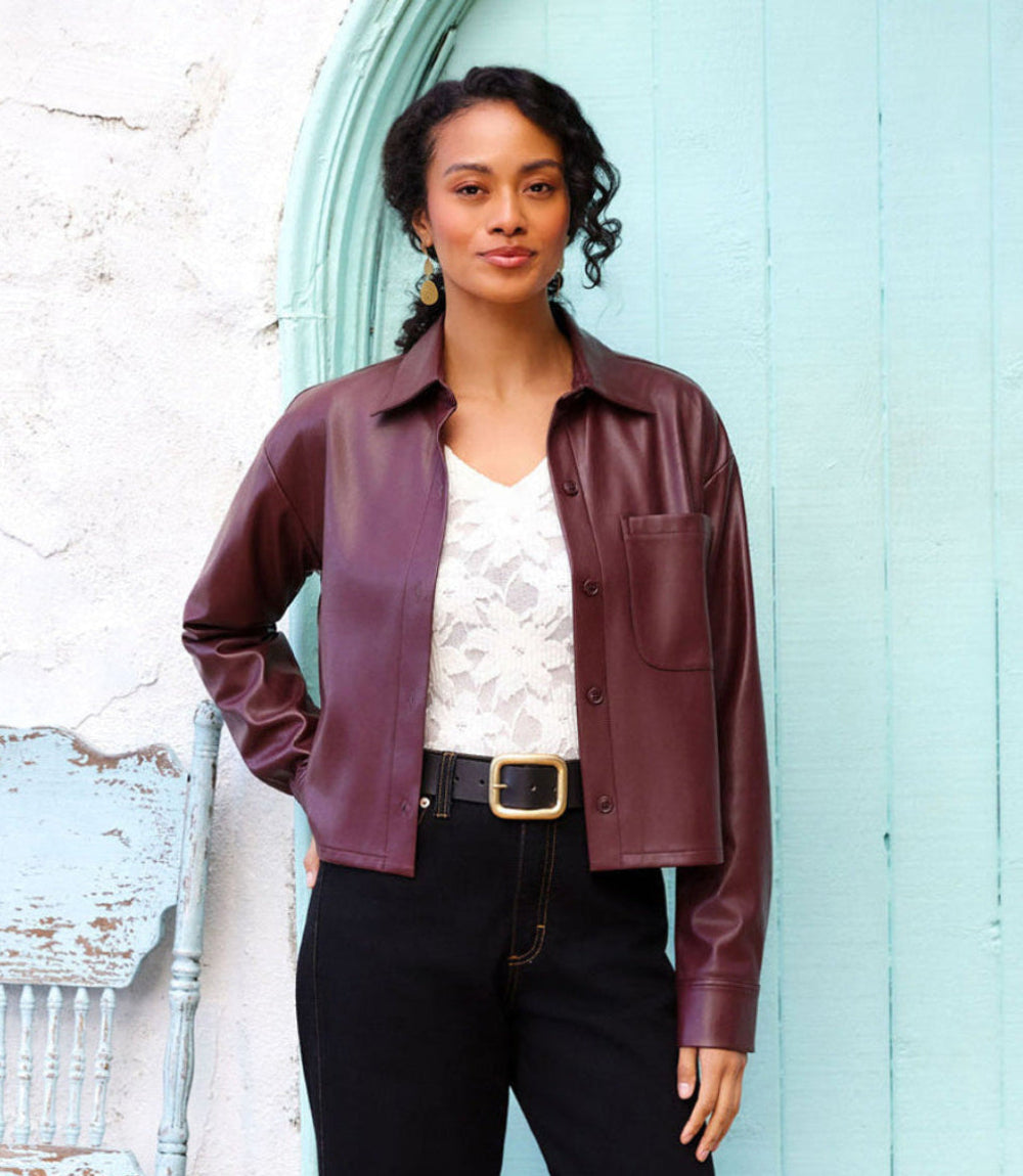 Faux Leather Long Sleeve Button-Up Shirt