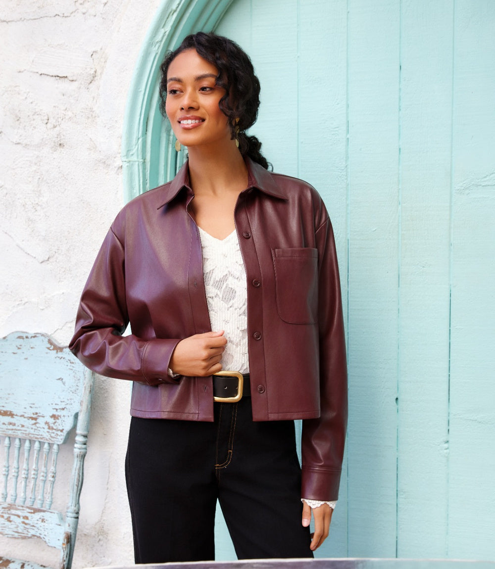 Faux Leather Long Sleeve Button-Up Shirt