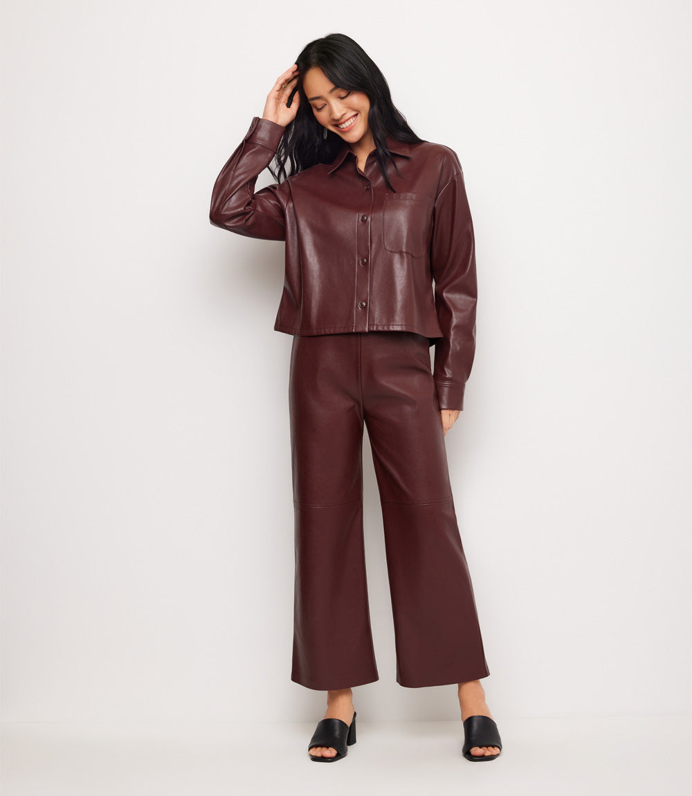 Faux Leather Long Sleeve Button-Up Shirt