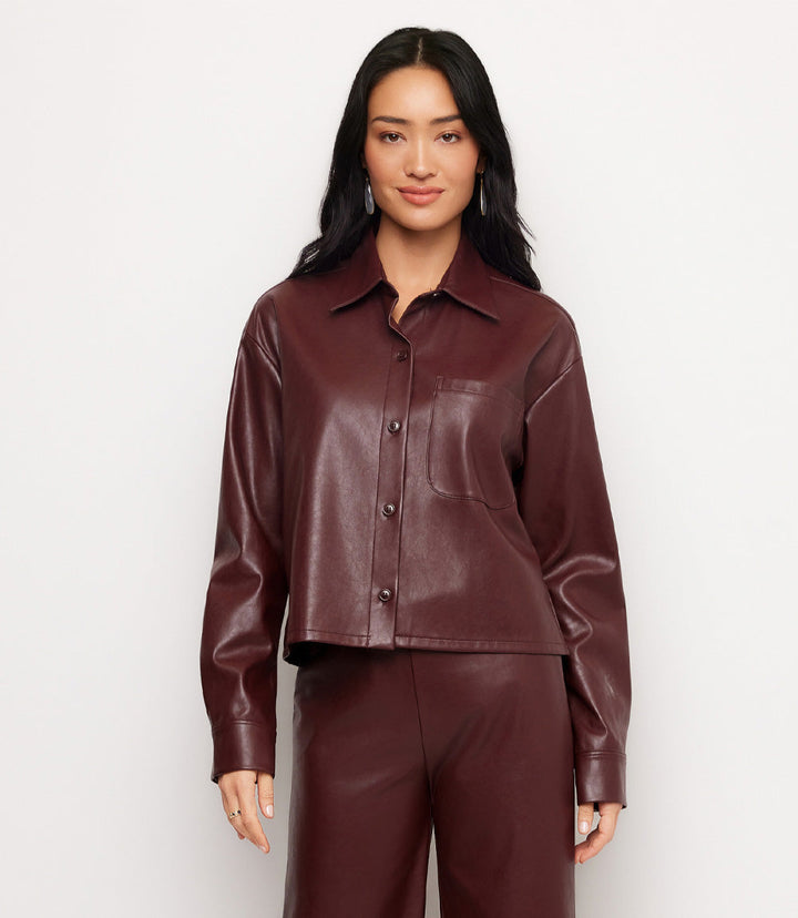 Faux Leather Long Sleeve Button-Up Shirt