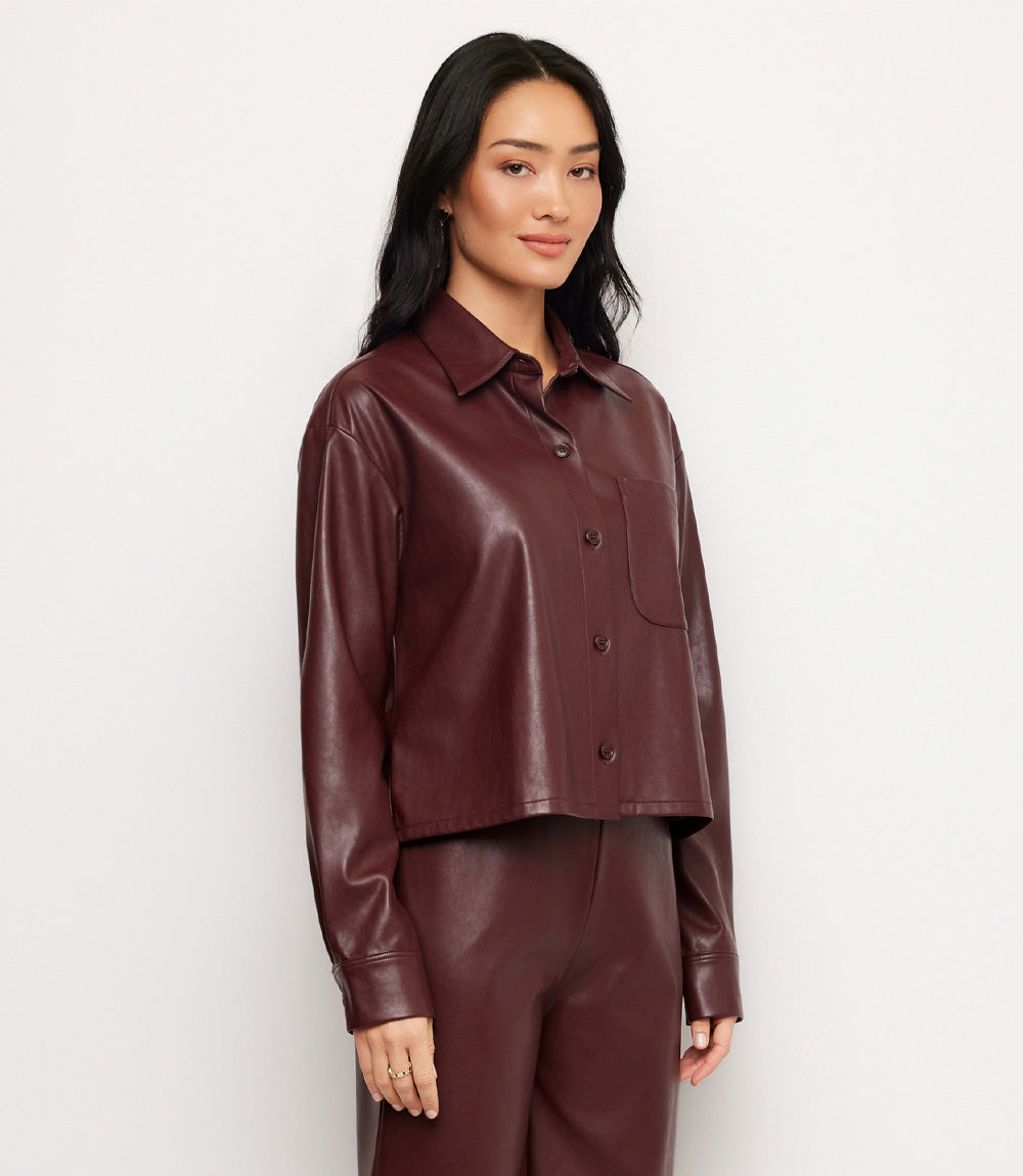 Petite Size Faux Leather Long Sleeve Button-Up Shirt