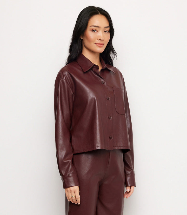 Petite Size Faux Leather Long Sleeve Button-Up Shirt