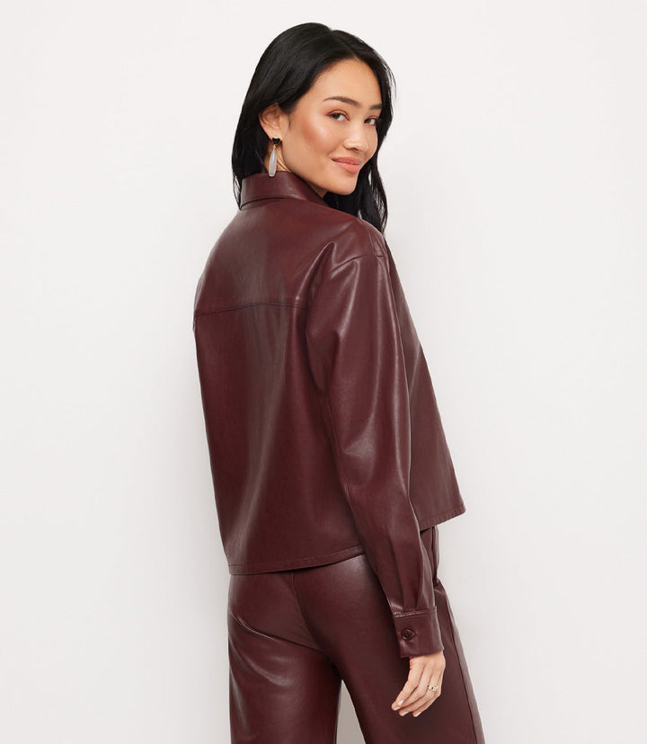 Petite Size Faux Leather Long Sleeve Button-Up Shirt