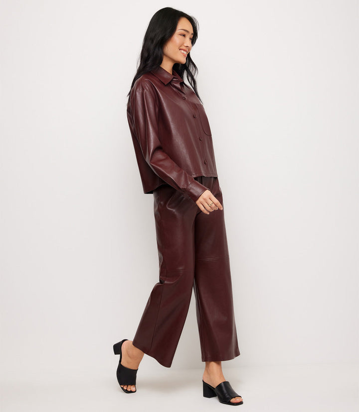 Petite Size Faux Leather Long Sleeve Button-Up Shirt