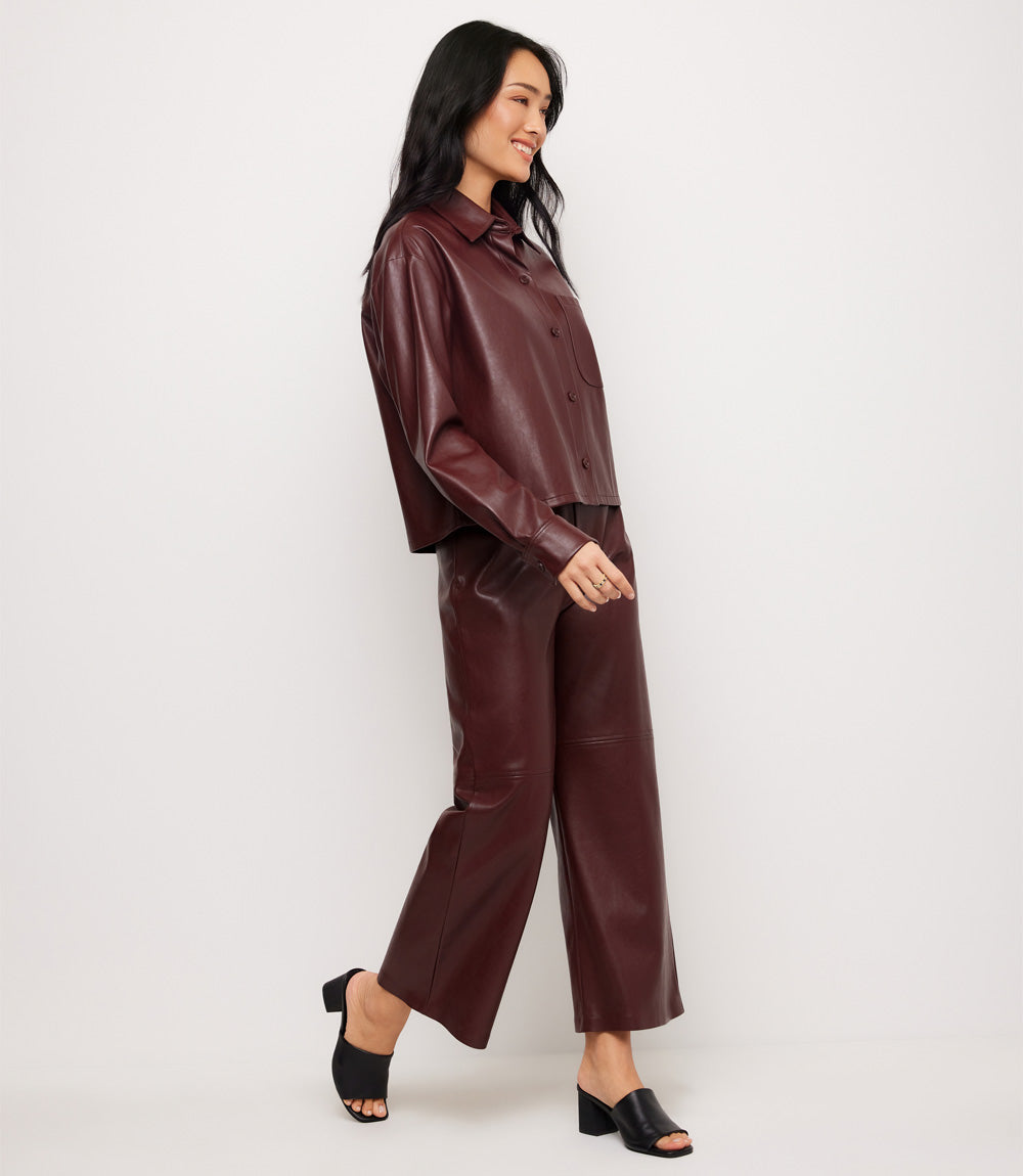 Faux Leather Long Sleeve Button-Up Shirt