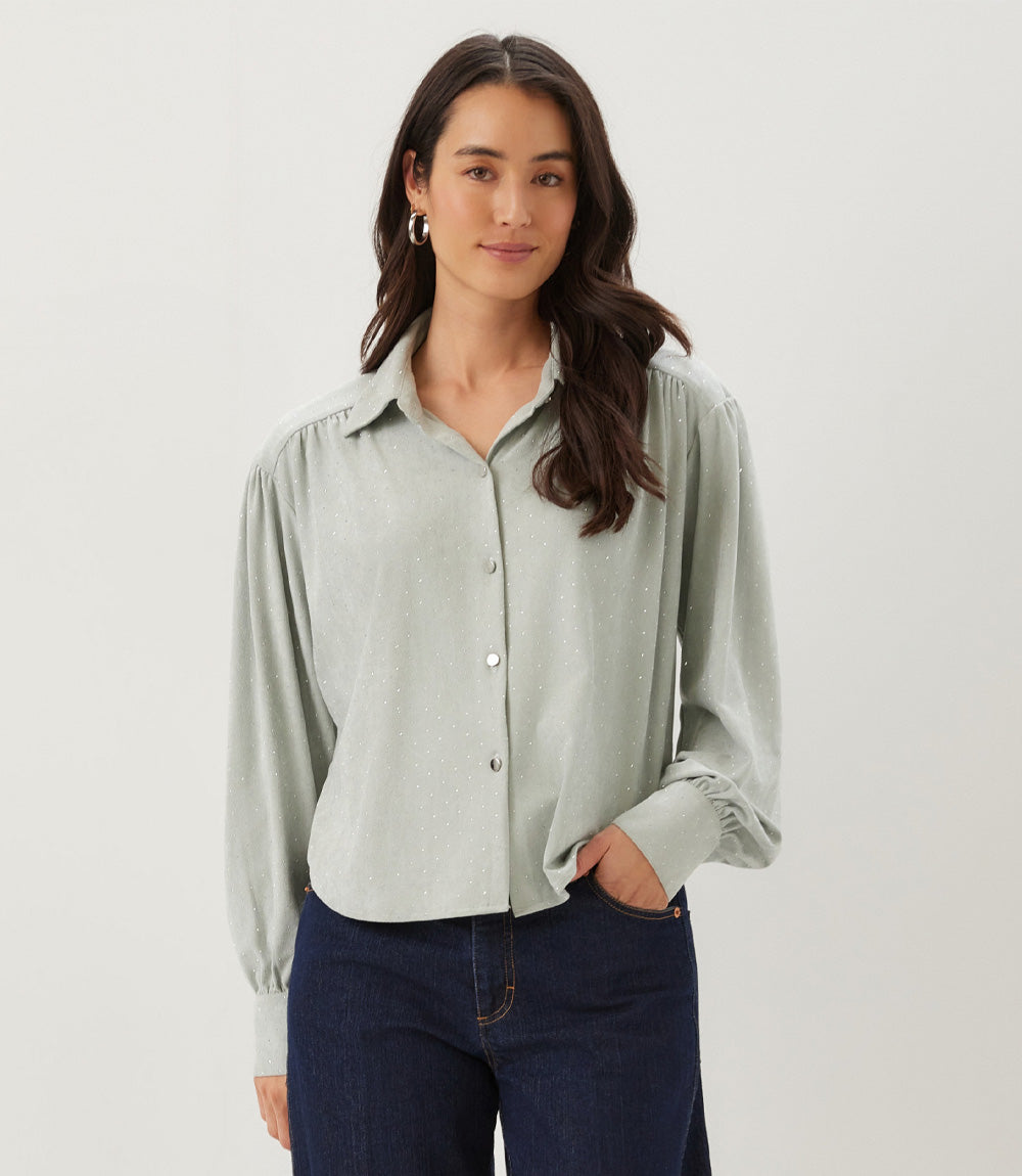 Faux Suede Embellished Dropped Shoulder Blouse