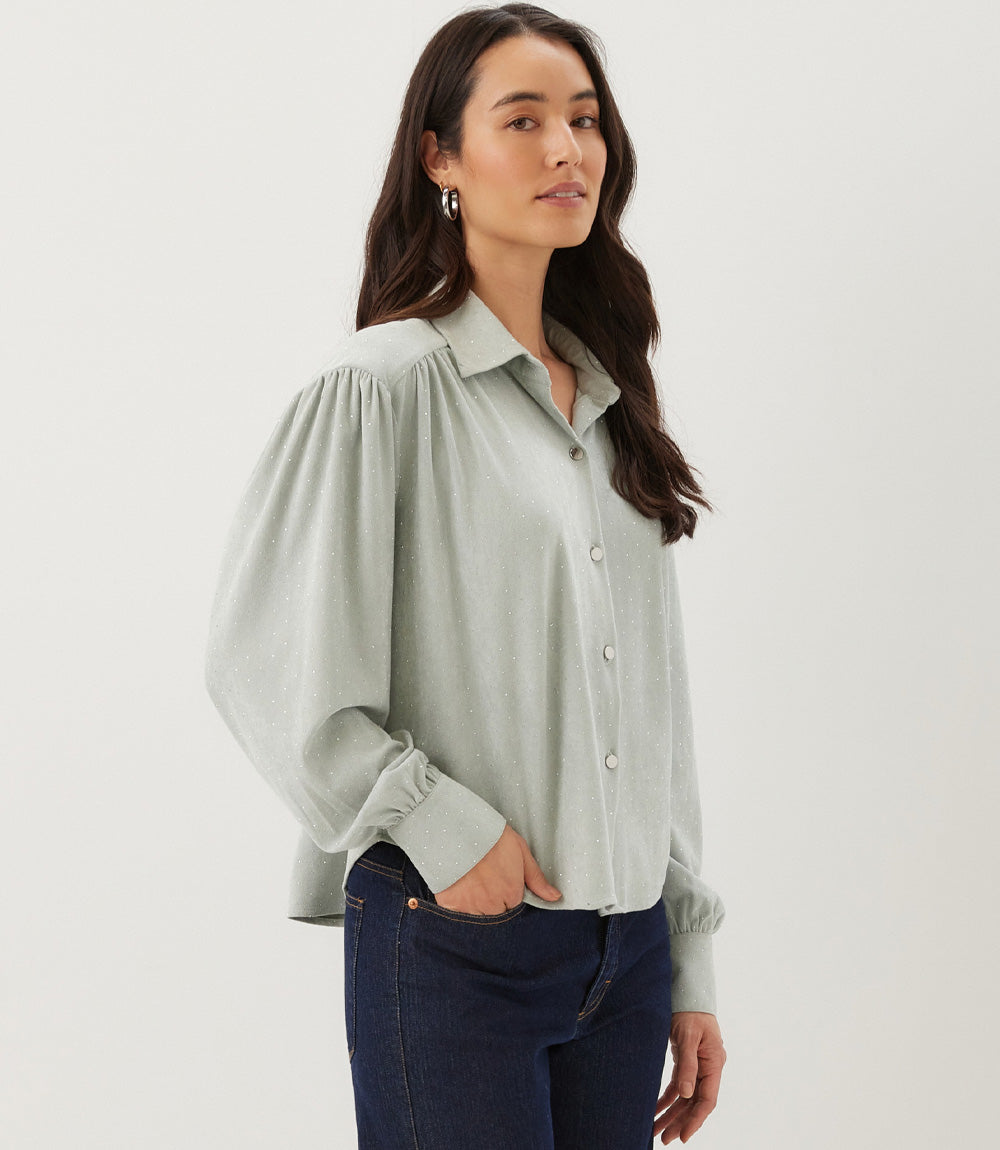Faux Suede Embellished Dropped Shoulder Blouse