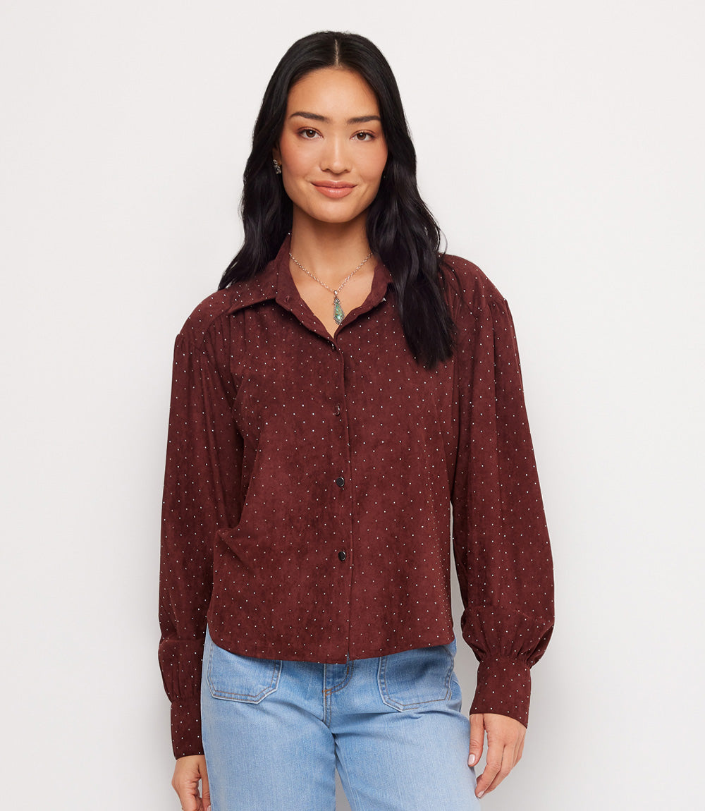 Faux Suede Embellished Dropped Shoulder Blouse