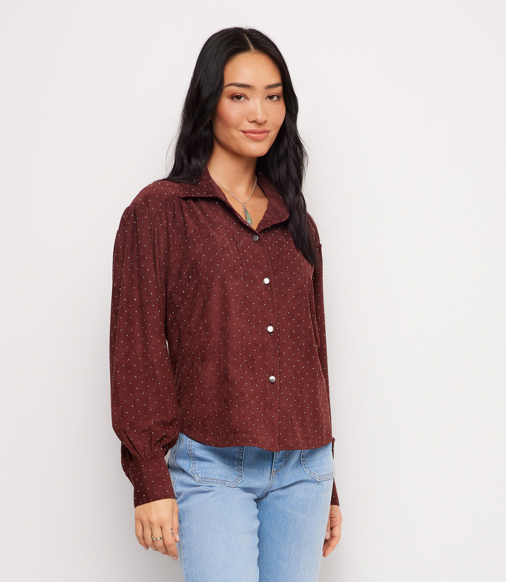 Faux Suede Embellished Dropped Shoulder Blouse