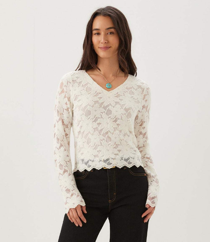 Long Sleeve Floral Burnout V-Neck Top