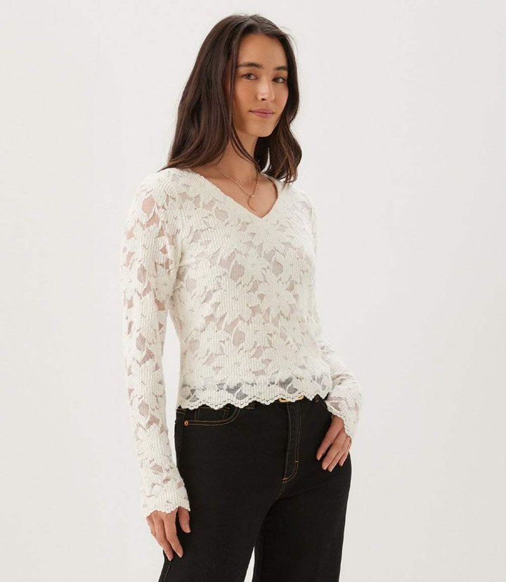 Long Sleeve Floral Burnout V-Neck Top