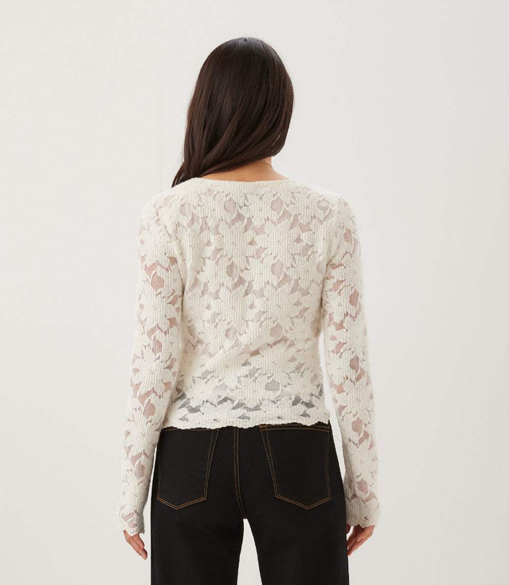 Petite Size Long Sleeve Floral Burnout V-Neck Top