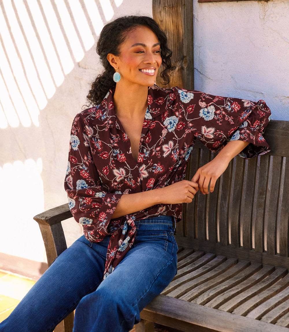 Petite Size Blouson Sleeve Tie-Front Top