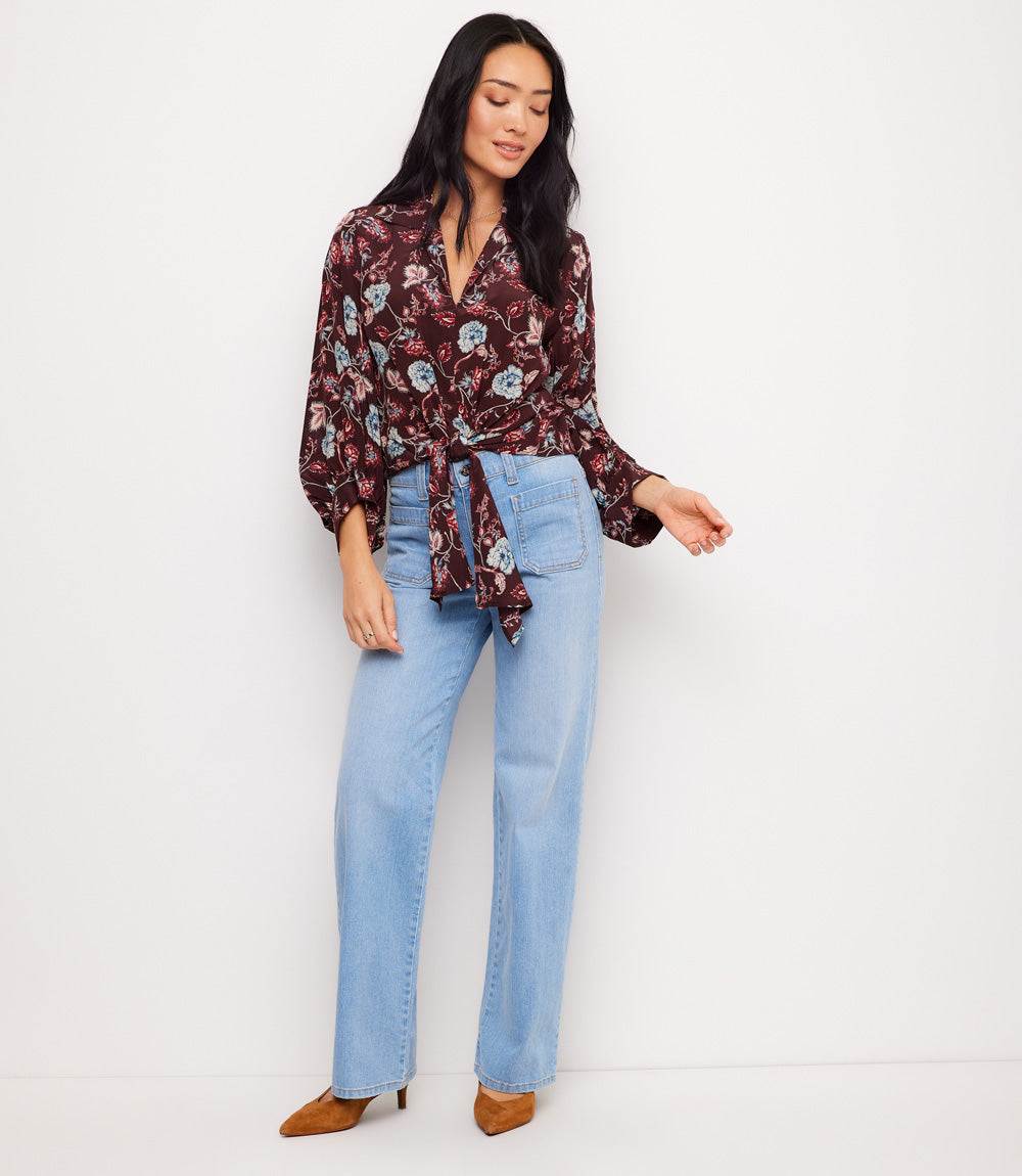 Petite Size Blouson Sleeve Tie-Front Top