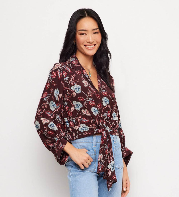 Petite Size Blouson Sleeve Tie-Front Top