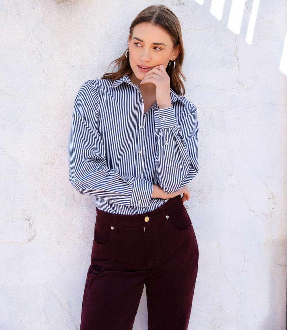 Stripe Long Sleeve Single Pocket Button-Up Shirt