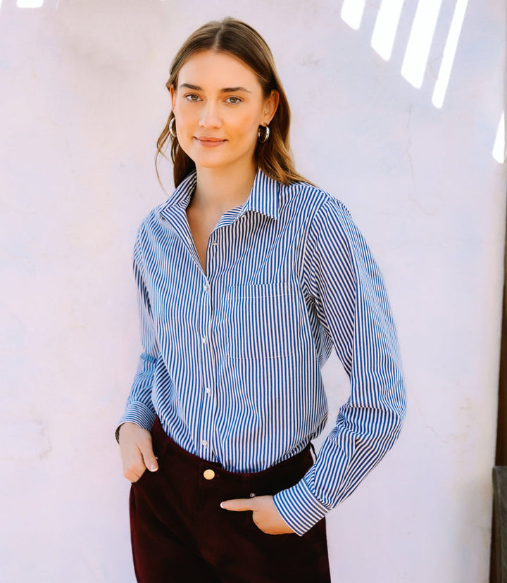 Stripe Long Sleeve Single Pocket Button-Up Shirt