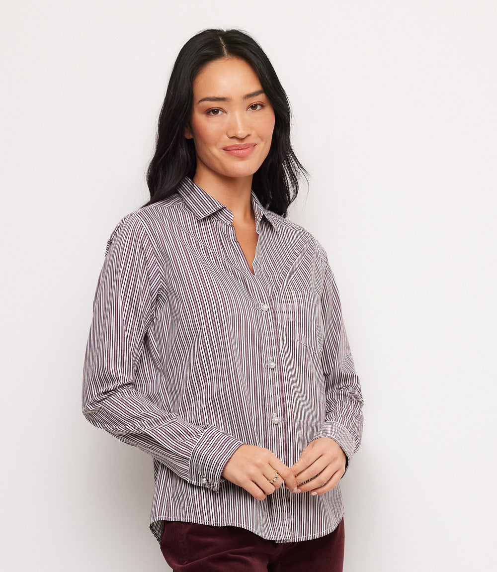Stripe Long Sleeve Single Pocket Button-Up Shirt
